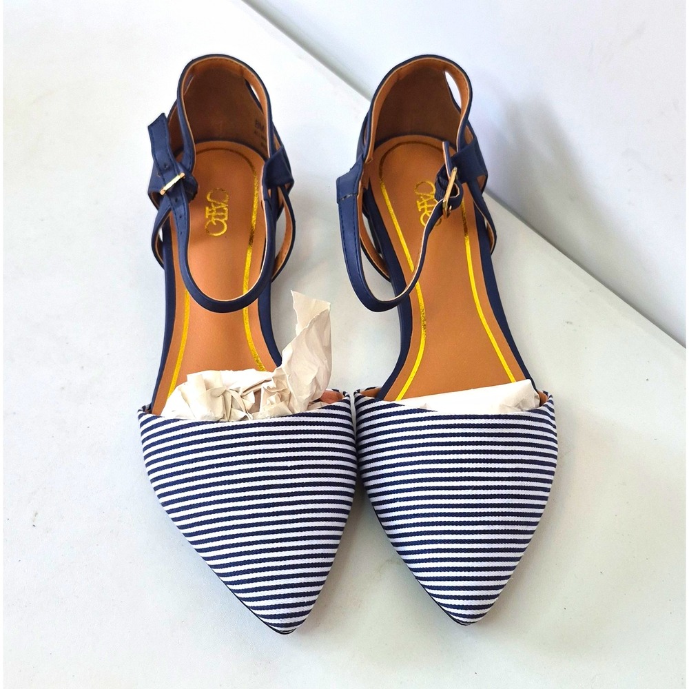 Cato Blue/White Striped Pointed Toe Ankle Strap Buckle Flats Womens 8M